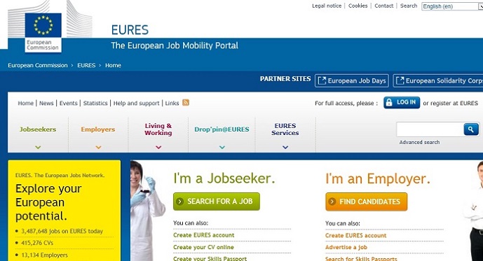 Image showing the screenshot of the EURES webpage 