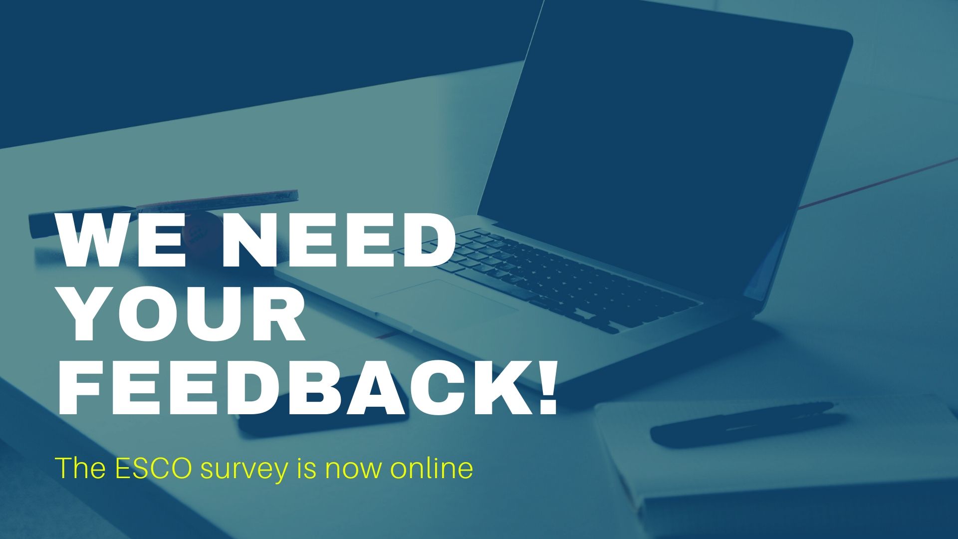 Image showing laptop icon and text: we need your feedback, the esco survey is now online